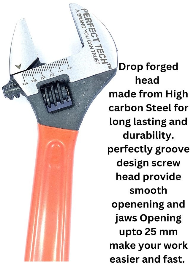 PERFECT TECH Adjustable Wrench 8 Inch/ 205mm Spanner | Extra Wide 25mm) Hardened Jaws Strength & Durability Rubber Grip Handle Strong Grip & Extra Comfort | Steel Single Sided - Image 3